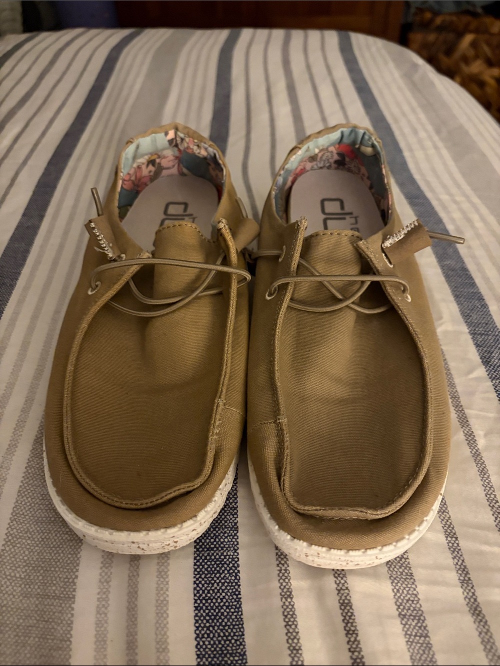 Hey Dude Women's Tan Canvas Slip-On Loafers with Floral Lining